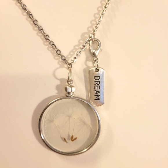 Hand Crafted Jewelry - NWT Silver Glass Dandelion Pendant Necklace With Dream Charm